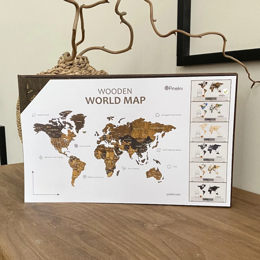 Mapa Świata Drewniana 3D Ciemny brąz L