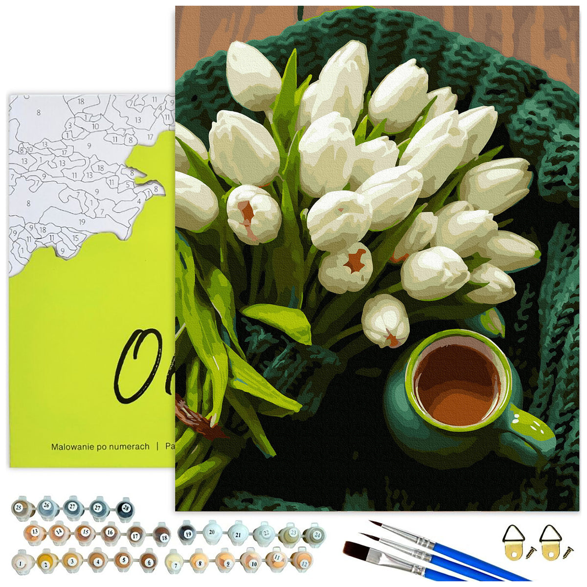 Białe tulipany i kawa – malowanie po numerach Oh Art