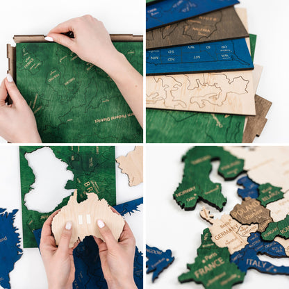 Mapa Świata Drewniana 3D Wielokolorowa XL