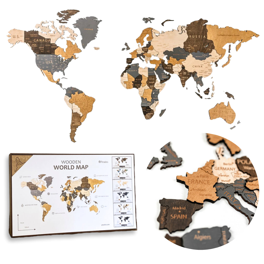 Mapa Świata Drewniana 3D Beżowa Brązowa XL