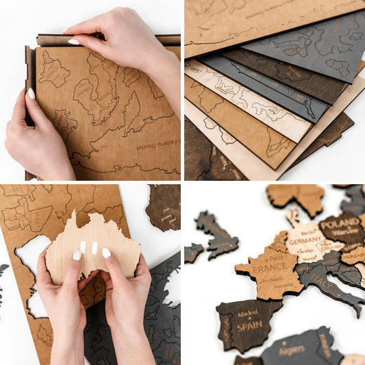 Mapa Świata Drewniana 3D Beżowa Brązowa L