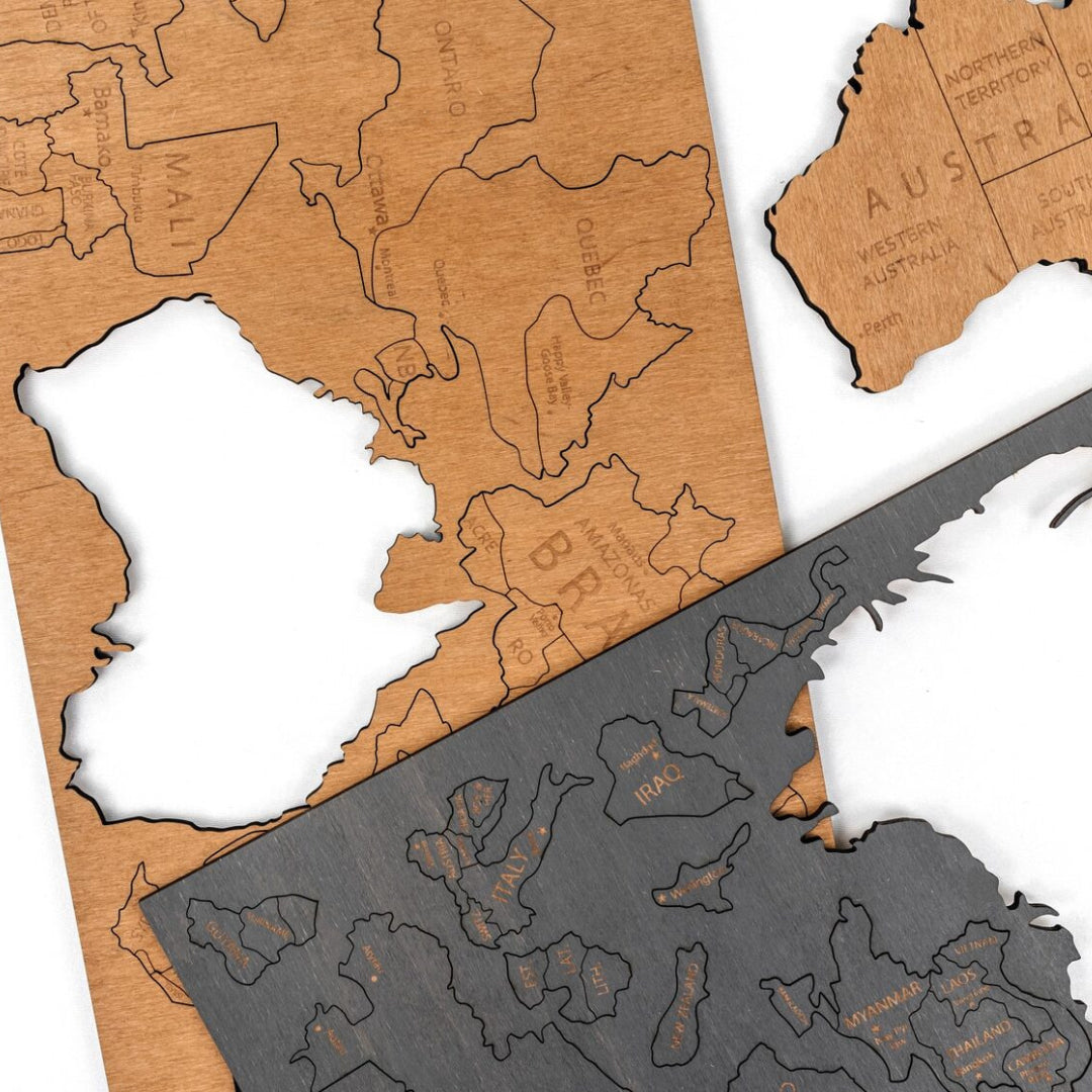 Mapa Świata Drewniana 3D Beżowa Brązowa XL