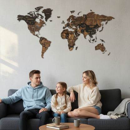 Mapa Świata Drewniana 3D Ciemny brąz L