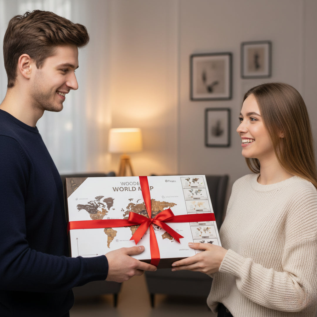 Mapa Świata Drewniana 3D Ciemny brąz L