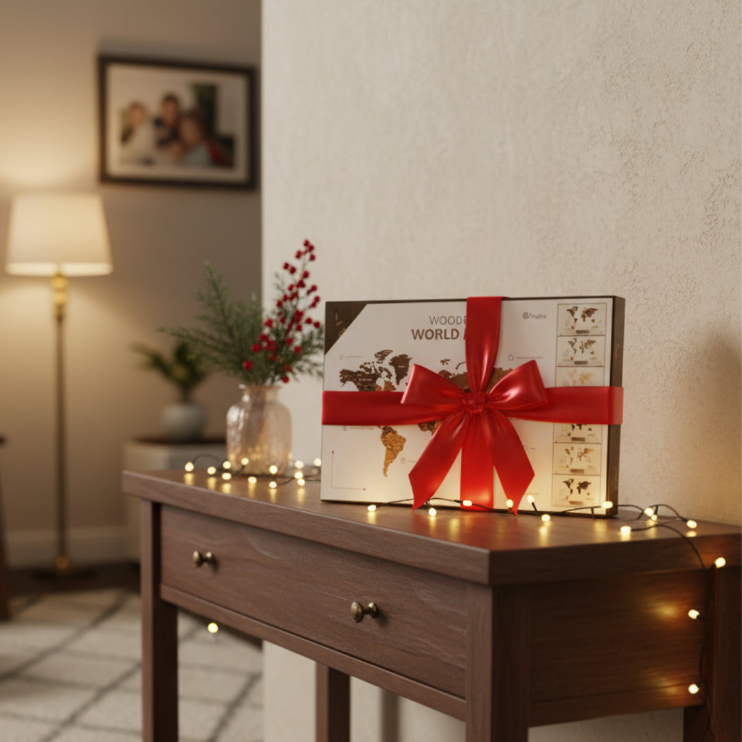 Mapa Świata Drewniana 3D Ciemny brąz L