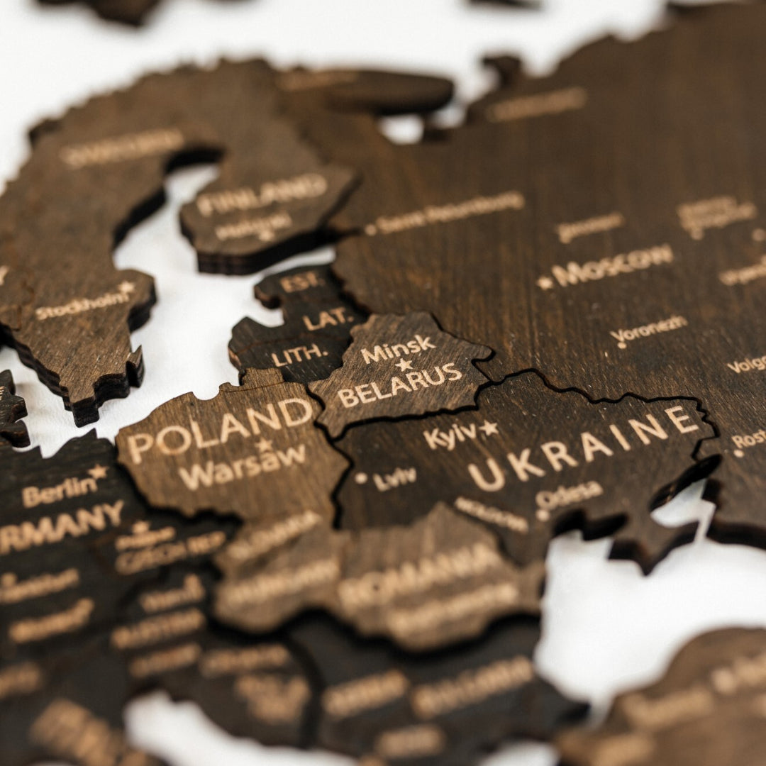 Mapa Świata Drewniana 3D Ciemny brąz L