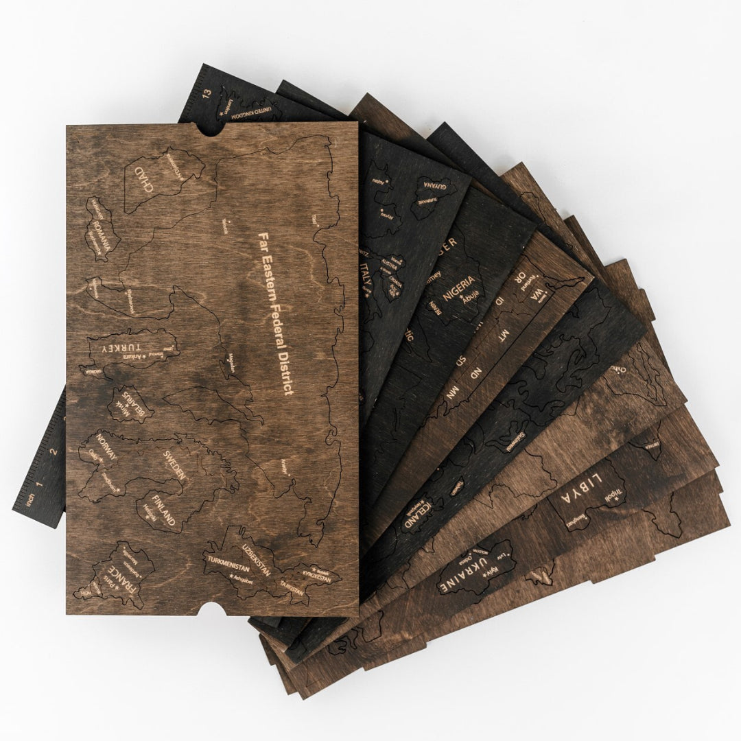 Mapa Świata Drewniana 3D Ciemny brąz L