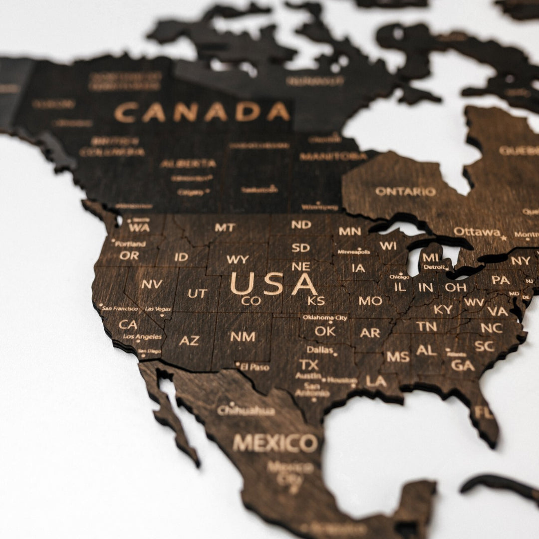 Mapa Świata Drewniana 3D Ciemny brąz L