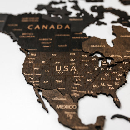Mapa Świata Drewniana 3D Ciemny brąz L